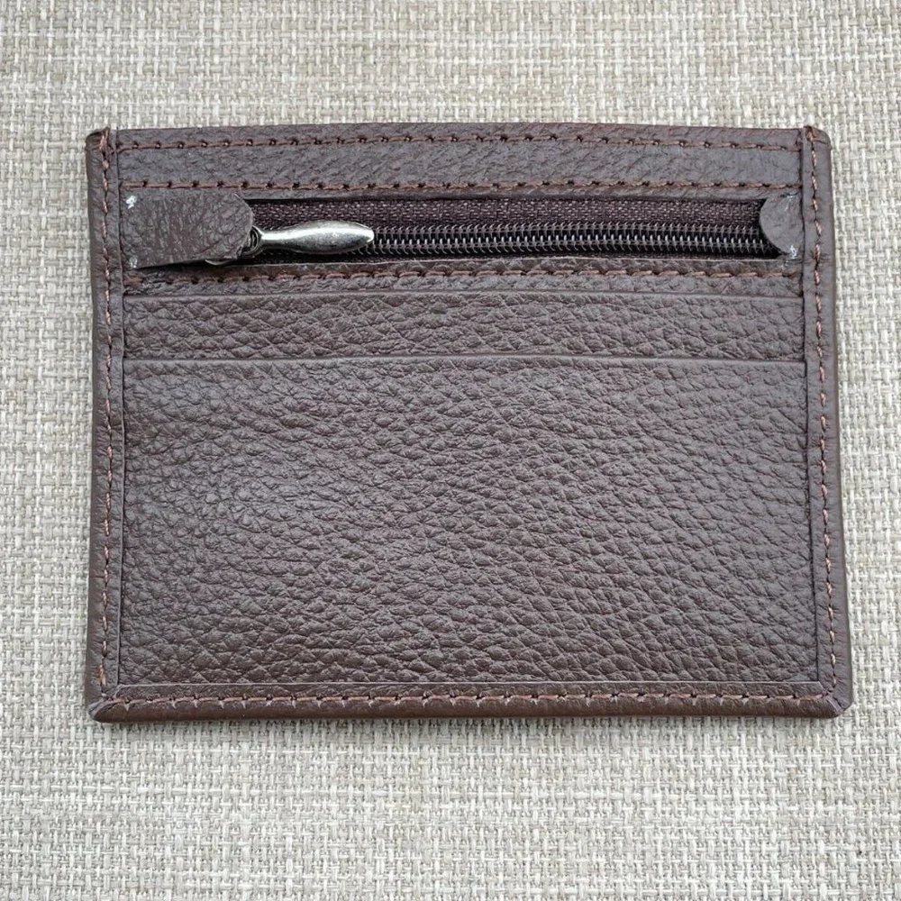 Card Holder Brown Genuine Leather Mini Wallet Zip Handmade Coin Purse New